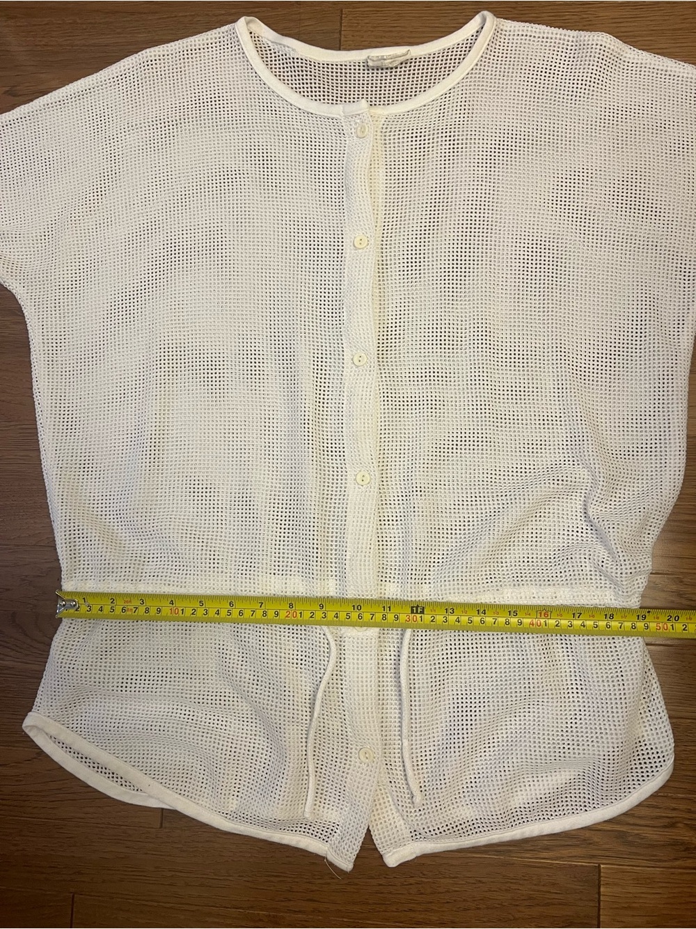 White Short-Sleeve Button-Front Drawstring Mesh Top/Bathing Suit Cover - Picture 7 of 8